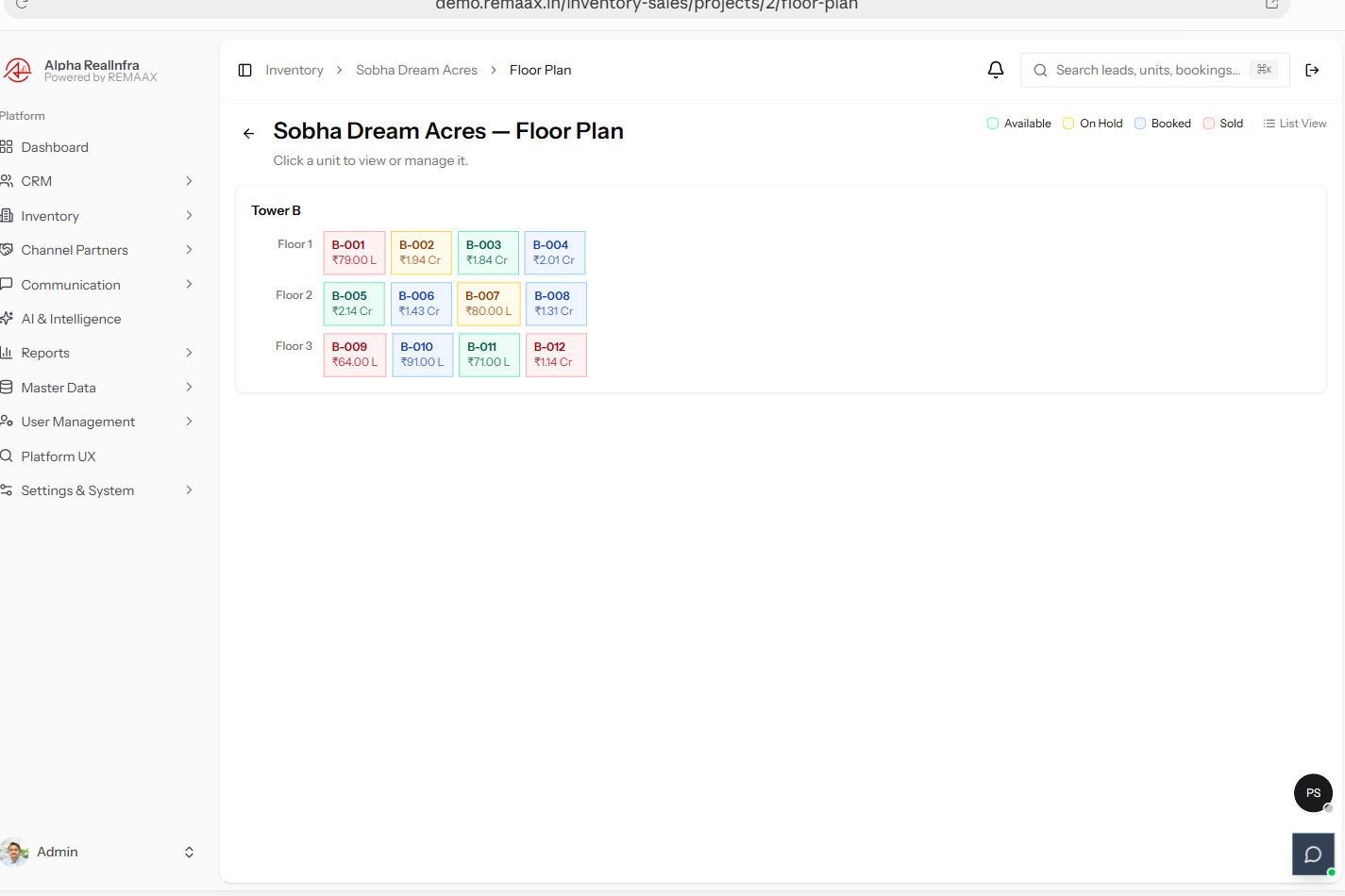 REMAAX visual floor plan picker showing units colour-coded by availability, on hold, booked and sold status