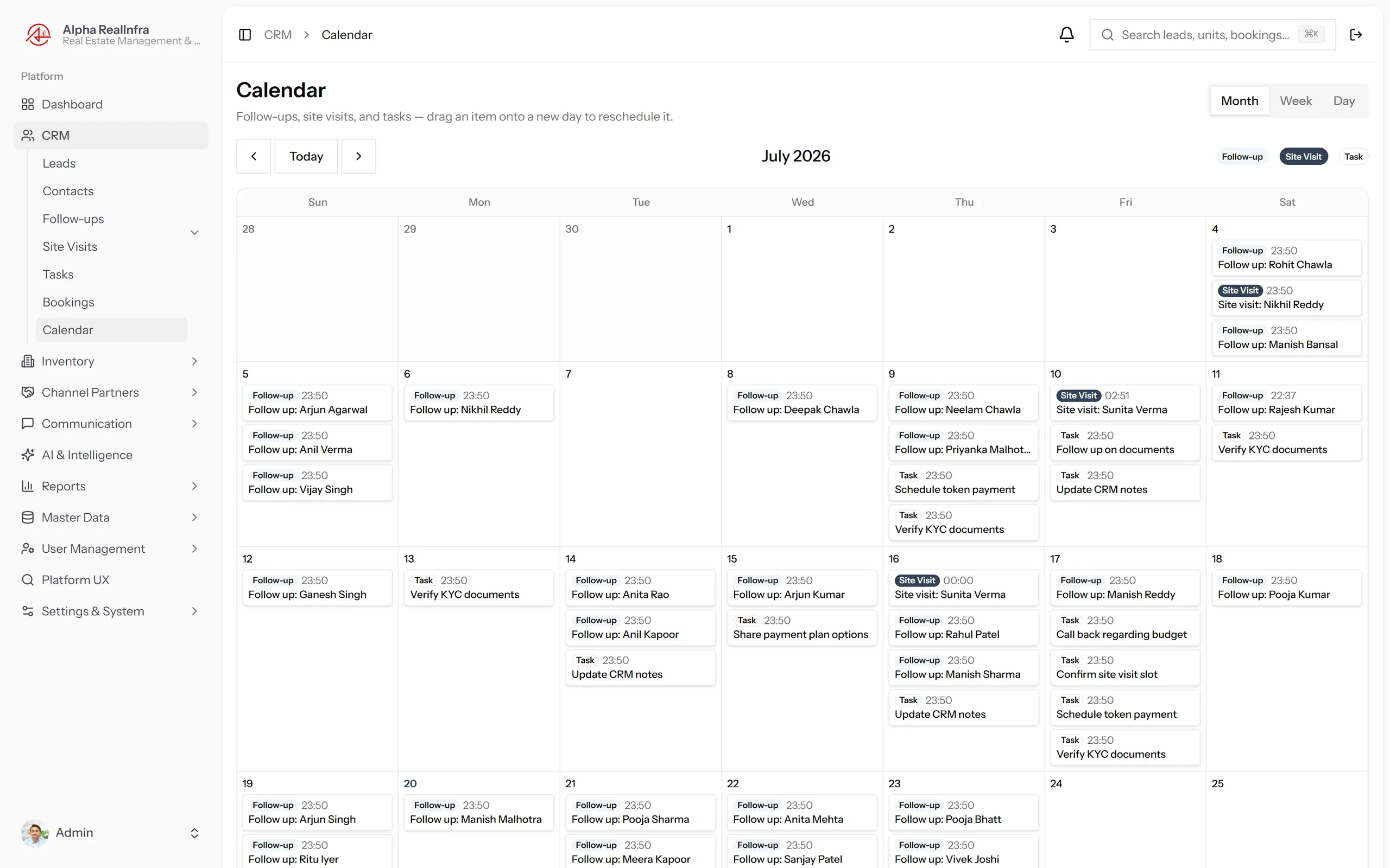 REMAAX unified calendar showing follow-ups, site visits and tasks across the team