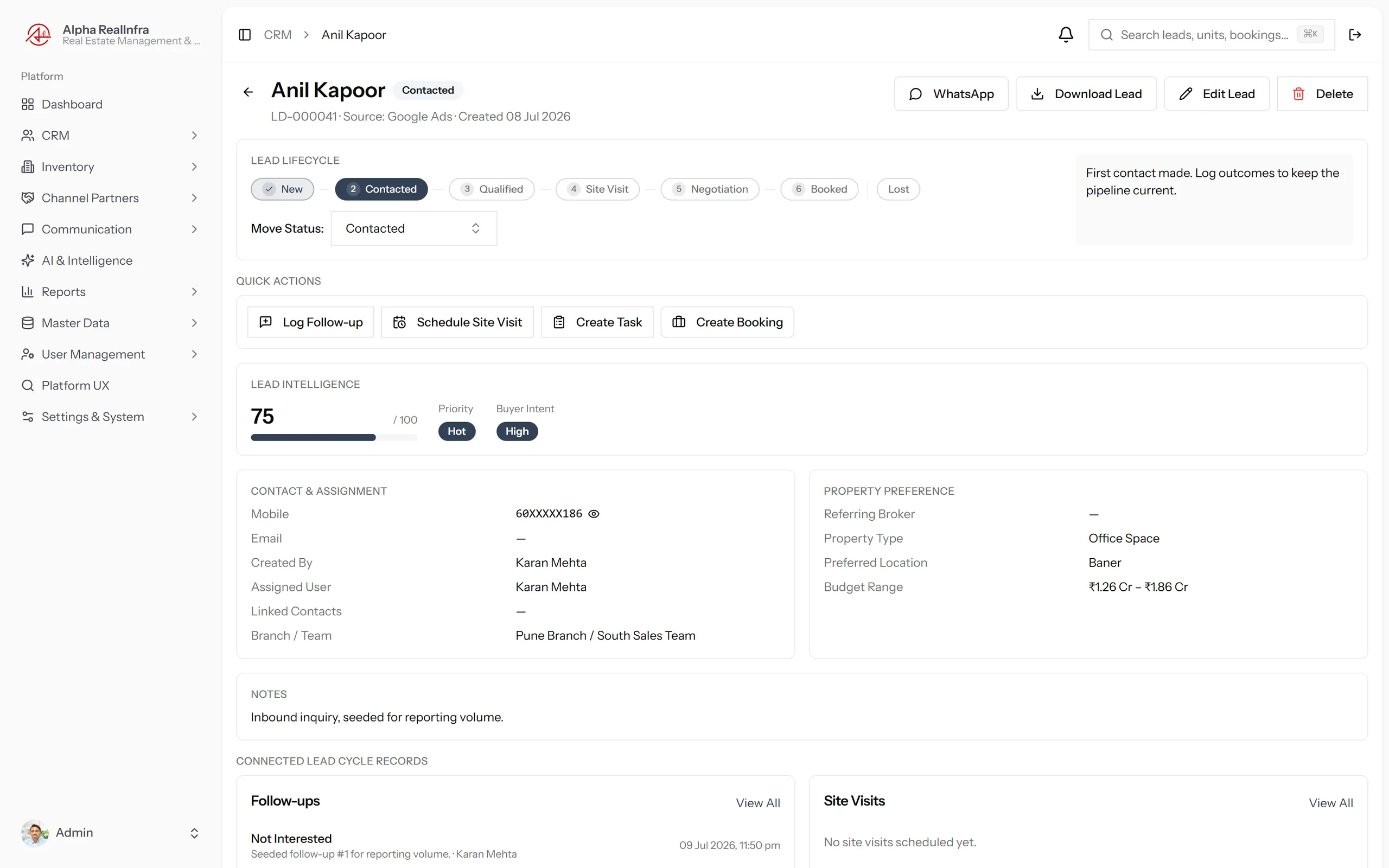REMAAX lead detail showing activity timeline, follow-ups, site visits and bulk action controls