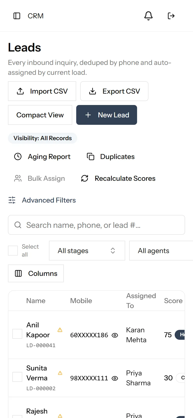 REMAAX leads list on mobile showing scored leads with Hot and Warm priority badges