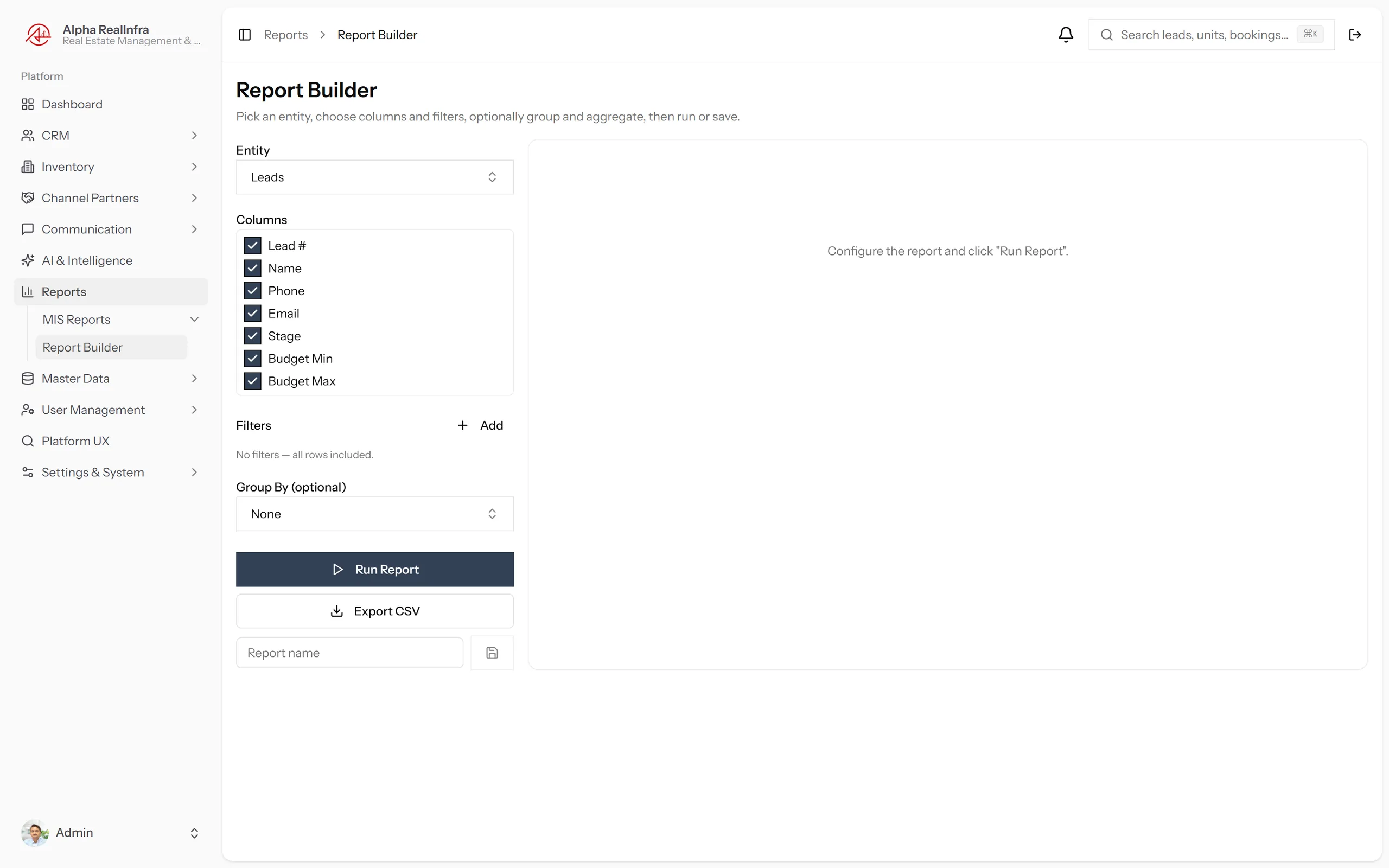 REMAAX custom report builder interface
